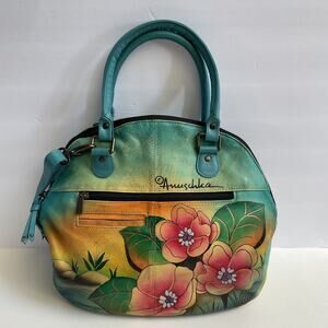 Anuschka Hand Painted Dome Floral & Bird Satchel Shoulder Crossbody Bag Purse